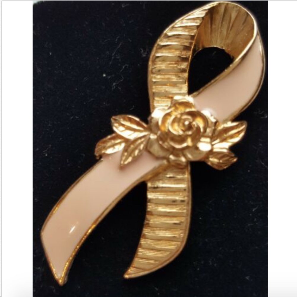 Breast Cancer Awareness Ribbon Brooch Lapel Pin pink gold 2" enamel *
